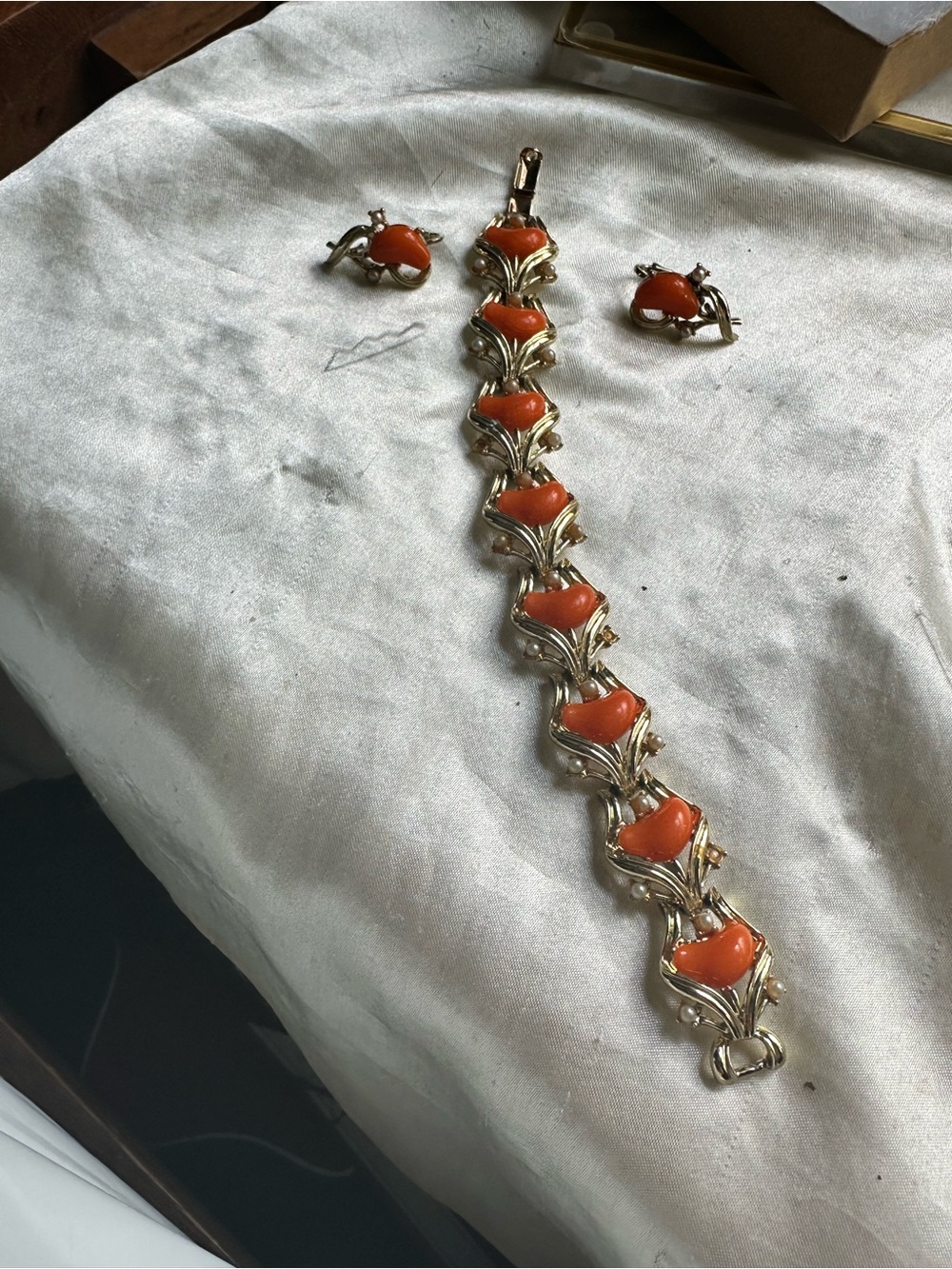 Vintage Coro Gold-Tone Bracelet and Clip-On Earrings with Orange Cabochons